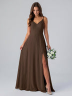 Mocha Chiffon A-Line V-Neck Lace-Up Back Floor-Length Bridesmaid Dress with Bow - Curvevia