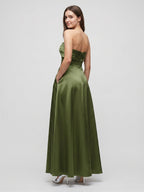 Olive Green Satin A-Line Off-the-Shoulder Back Zip Floor-Length Bridesmaid Dress with Pockets - Curvevia