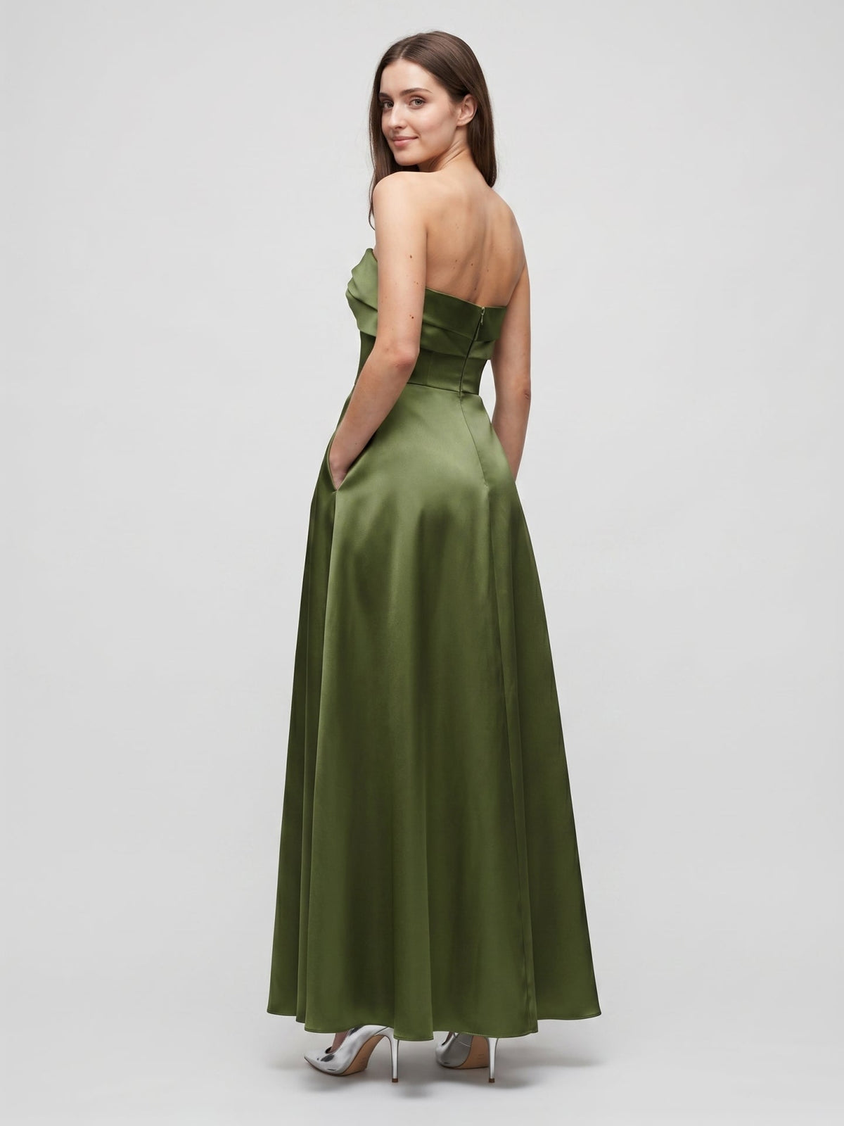 Olive Green Satin A-Line Off-the-Shoulder Back Zip Floor-Length Bridesmaid Dress with Pockets - Curvevia