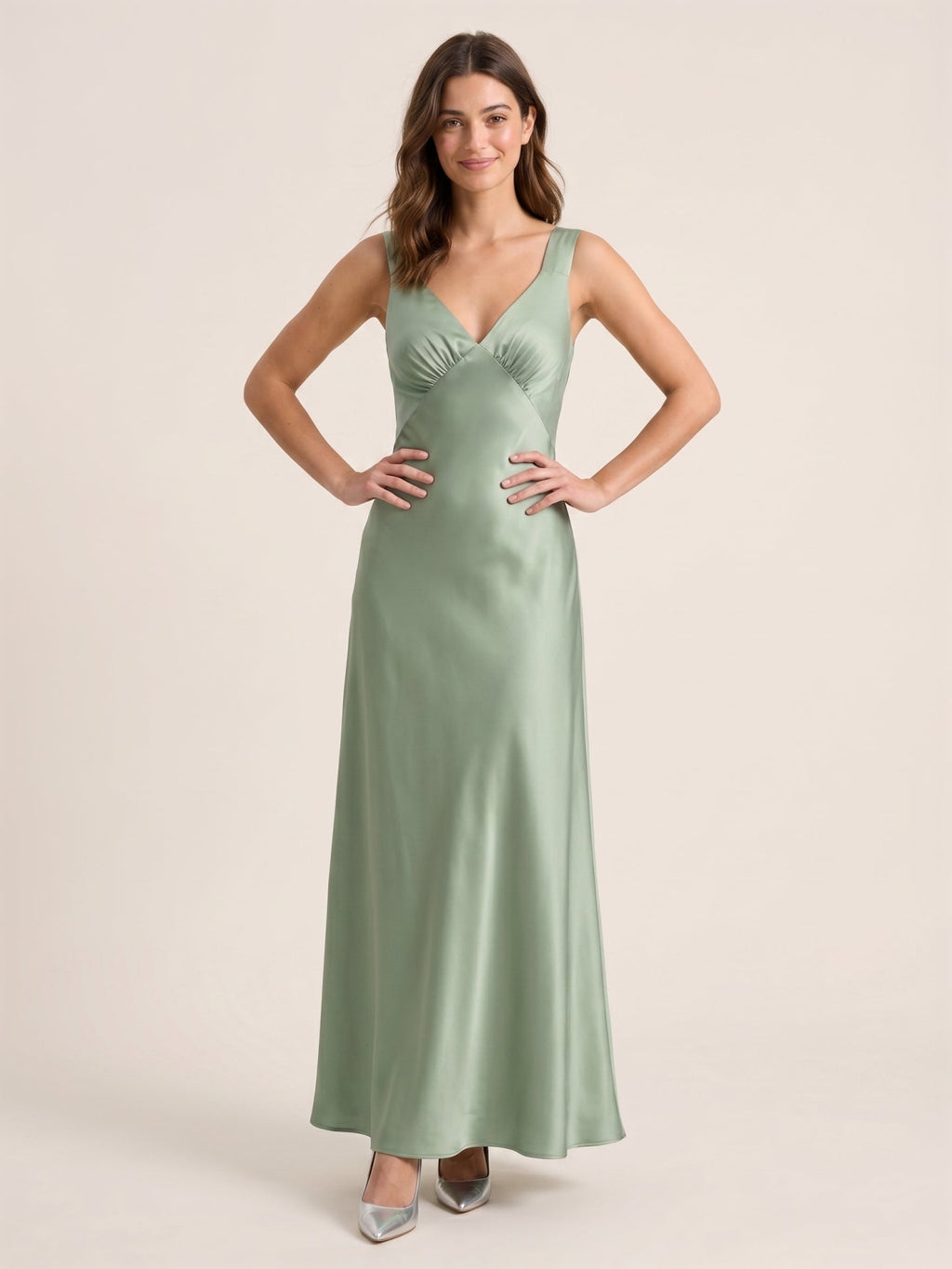 Refined Dusty Sage Satin column V-Neck Backless Ankle-Length Bridesmaid Dress - Curvevia