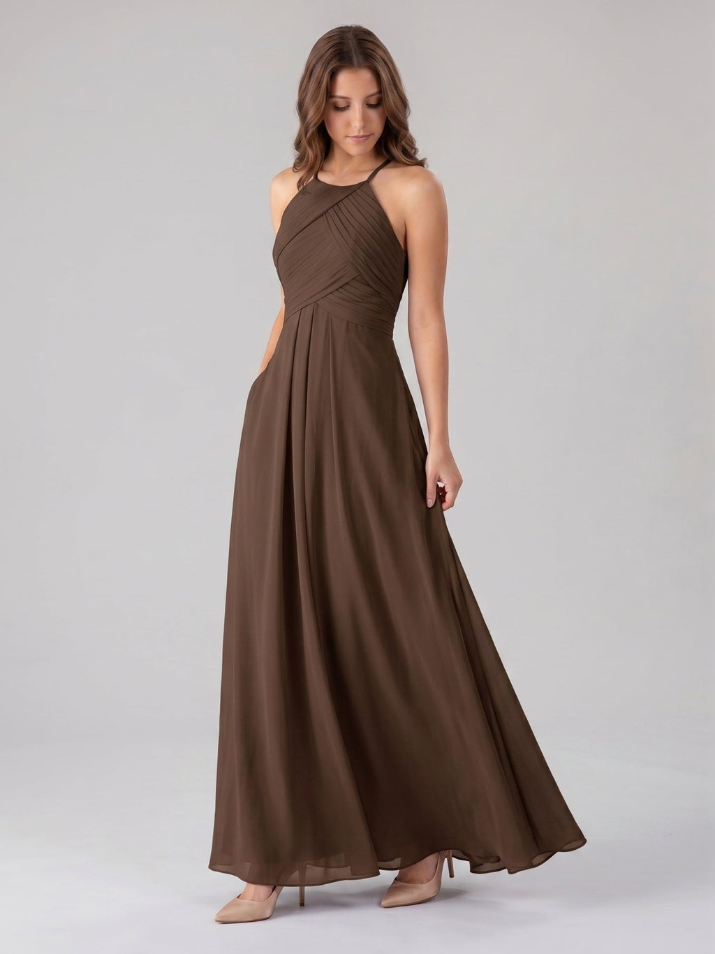 Mocha Chiffon A-Line Halter Keyhole Back Floor-Length Pleated Bridesmaid Dress - Curvevia