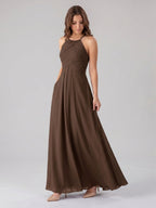 Mocha Chiffon A-Line Halter Keyhole Back Floor-Length Pleated Bridesmaid Dress - Curvevia