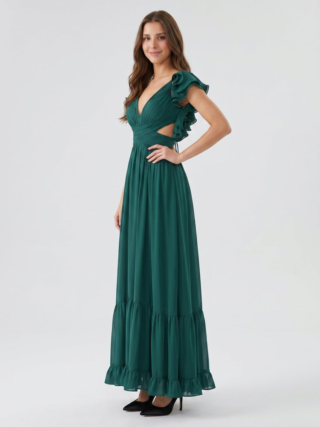 Peacock Chiffon A-Line V-Neck Criss-Cross Back Floor-Length Ruffle Bridesmaid Dress - Curvevia
