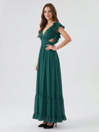 Peacock Chiffon A-Line V-Neck Criss-Cross Back Floor-Length Ruffle Bridesmaid Dress - Curvevia