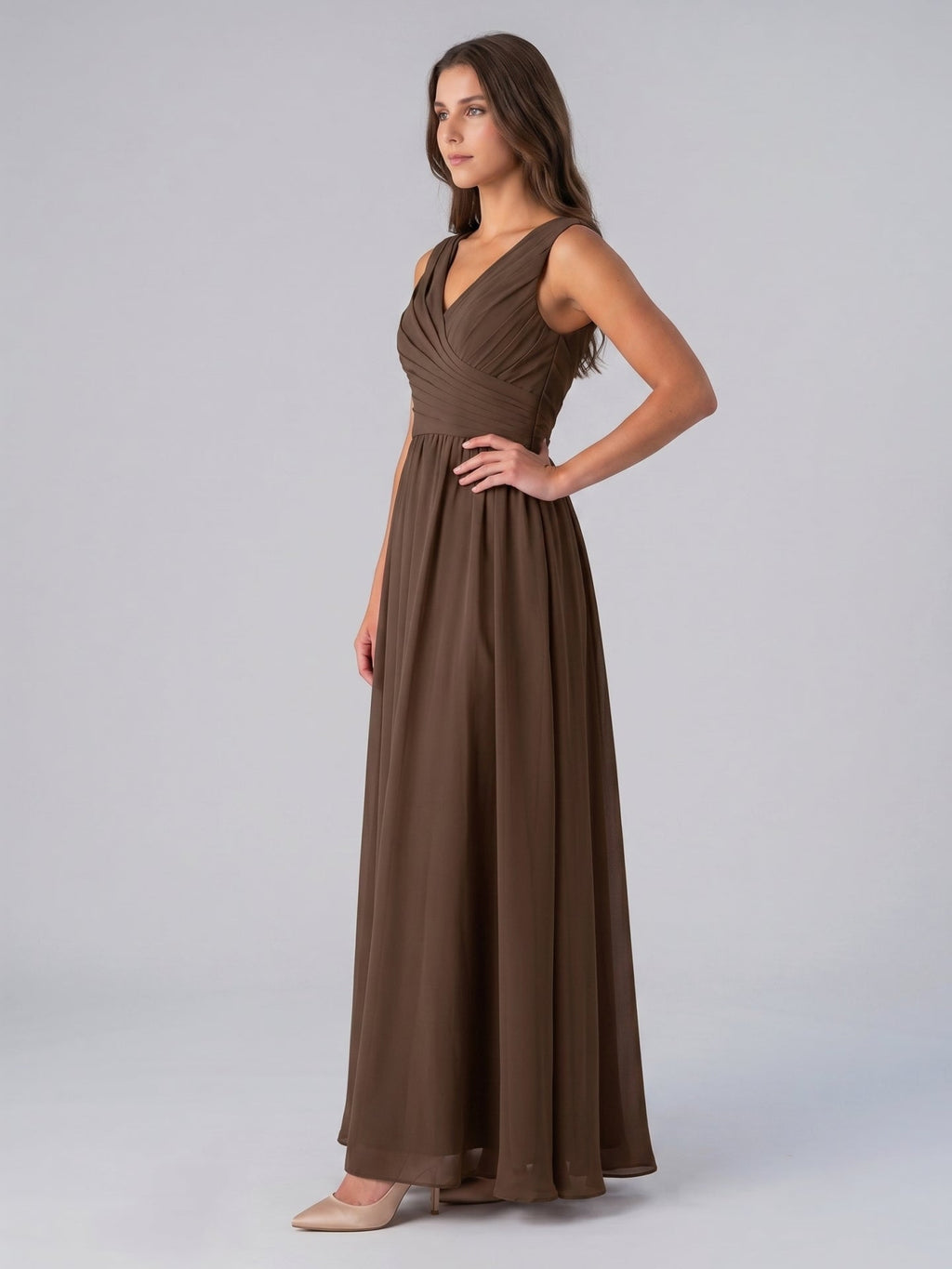 Mocha Chiffon A-Line V-Neck Back Zip Floor-Length Pleated Bridesmaid Dress - Curvevia