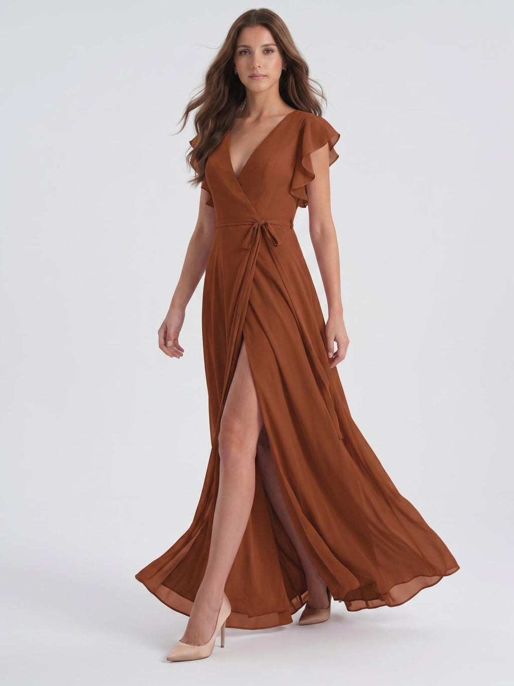 Terracotta Chiffon Sheath V-Neck Back Zip Floor-Length Ruffle Bridesmaid Dress - Curvevia