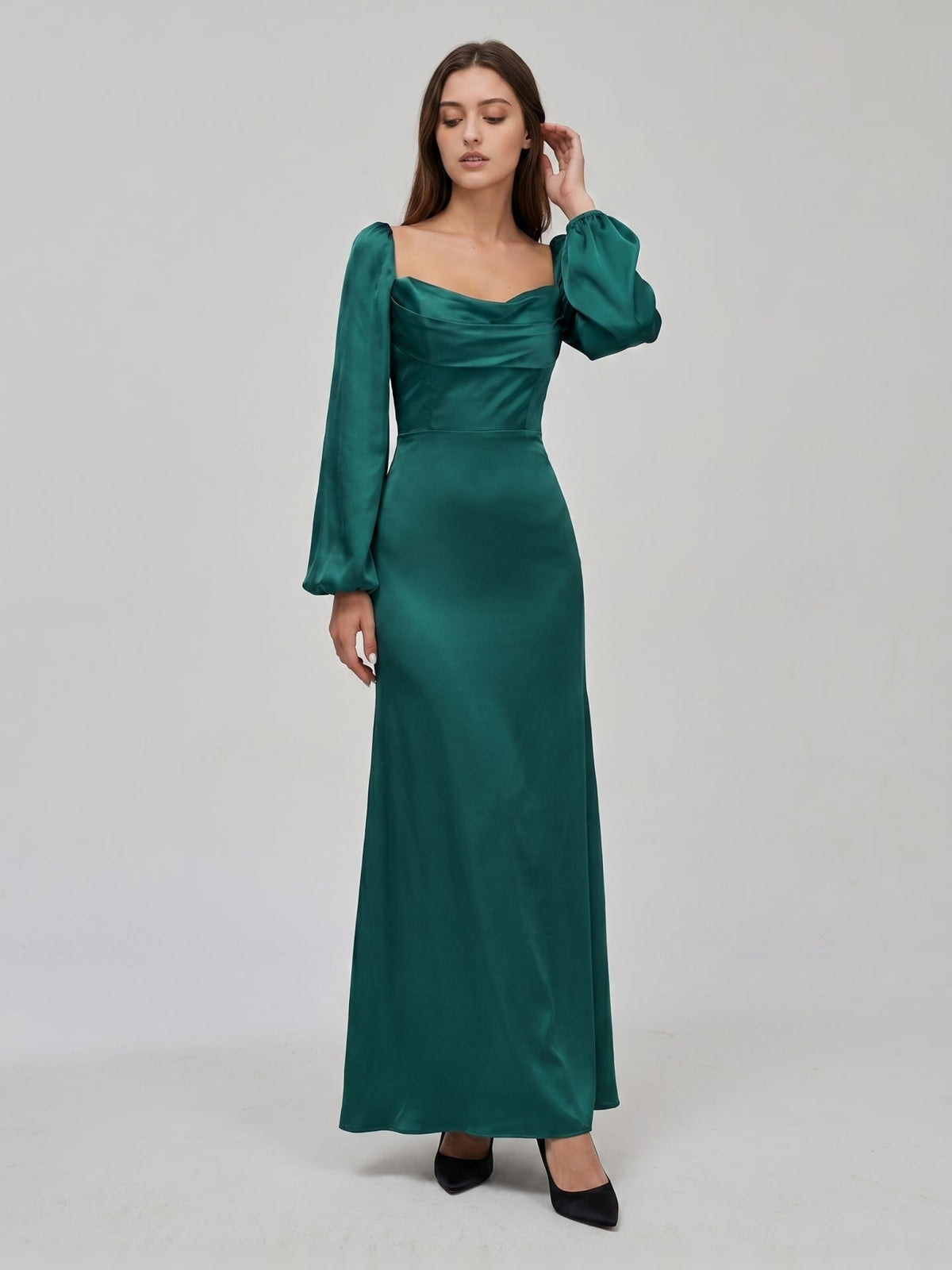 Peacock Satin Sheath Cowl Neck Back Zip Floor-Length Bridesmaid Dress - Curvevia