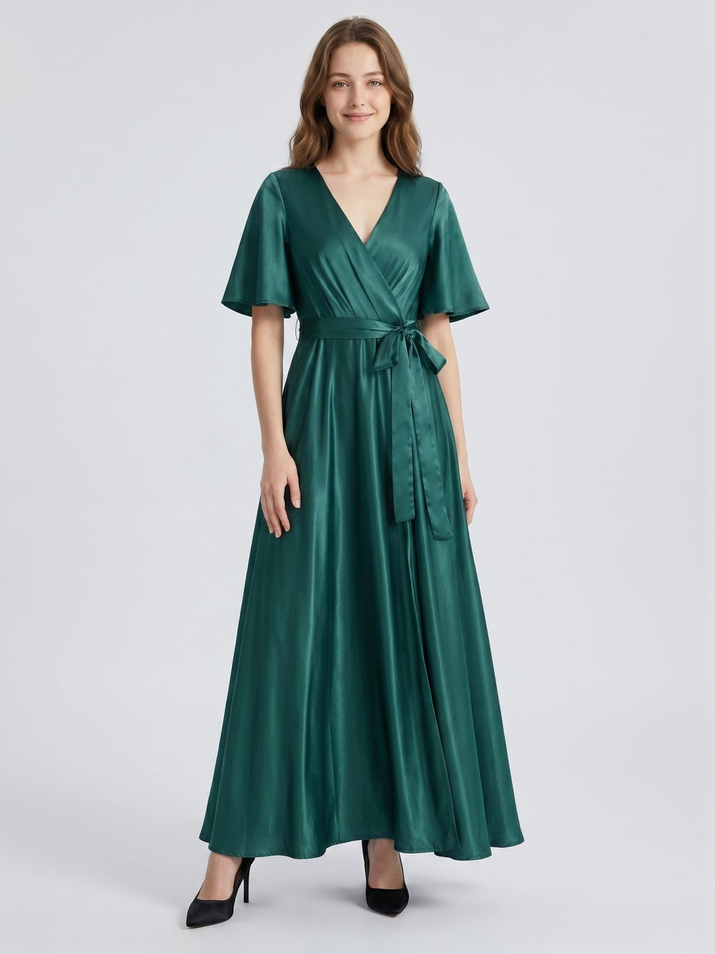 Peacock Satin A-Line V-Neck Side Zip Floor-Length Bridesmaid Dress with Bow - Curvevia