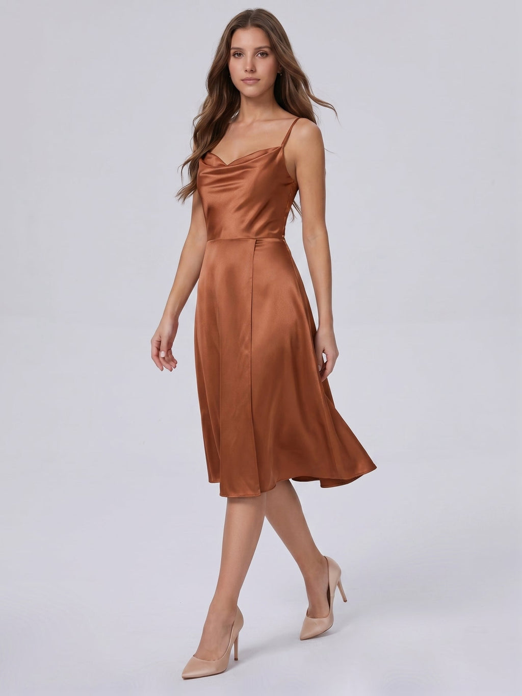 Terracotta Satin A-Line Cowl Neck Backless Knee-Length Bridesmaid Dress - Curvevia