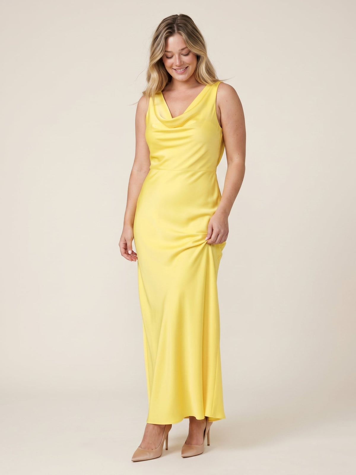 Romantic Lemon Matte Satin A-Line Cowl Neck Backless Ankle-Length Bridesmaid Dress - Curvevia