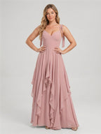 Sweet & Flowy Dusty Rose Chiffon A-Line V-Neck Back Zip with Ruffle Ankle-Length Bridesmaid Dress - Curvevia