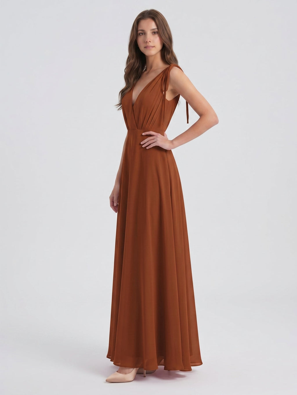 Terracotta Chiffon A-Line V-Neck Backless Floor-Length Bridesmaid Dress with Bow - Curvevia