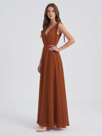 Terracotta Chiffon A-Line V-Neck Backless Floor-Length Bridesmaid Dress with Bow - Curvevia