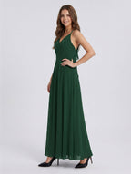 Forest Green Chiffon A-Line Halter Keyhole Back Floor-Length Ruffle Bridesmaid Dress - Curvevia