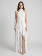 Ivory Chiffon A-Line Halter Bow Back Floor-Length Ruffle Bridesmaid Dress - Curvevia