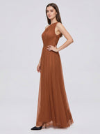 Terracotta Tulle A-Line One Shoulder Back Zip Floor-Length Bridesmaid Dress - Curvevia