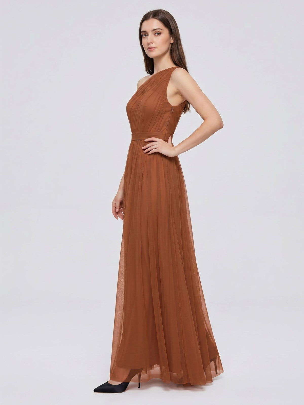 Terracotta Tulle A-Line One Shoulder Back Zip Floor-Length Bridesmaid Dress - Curvevia