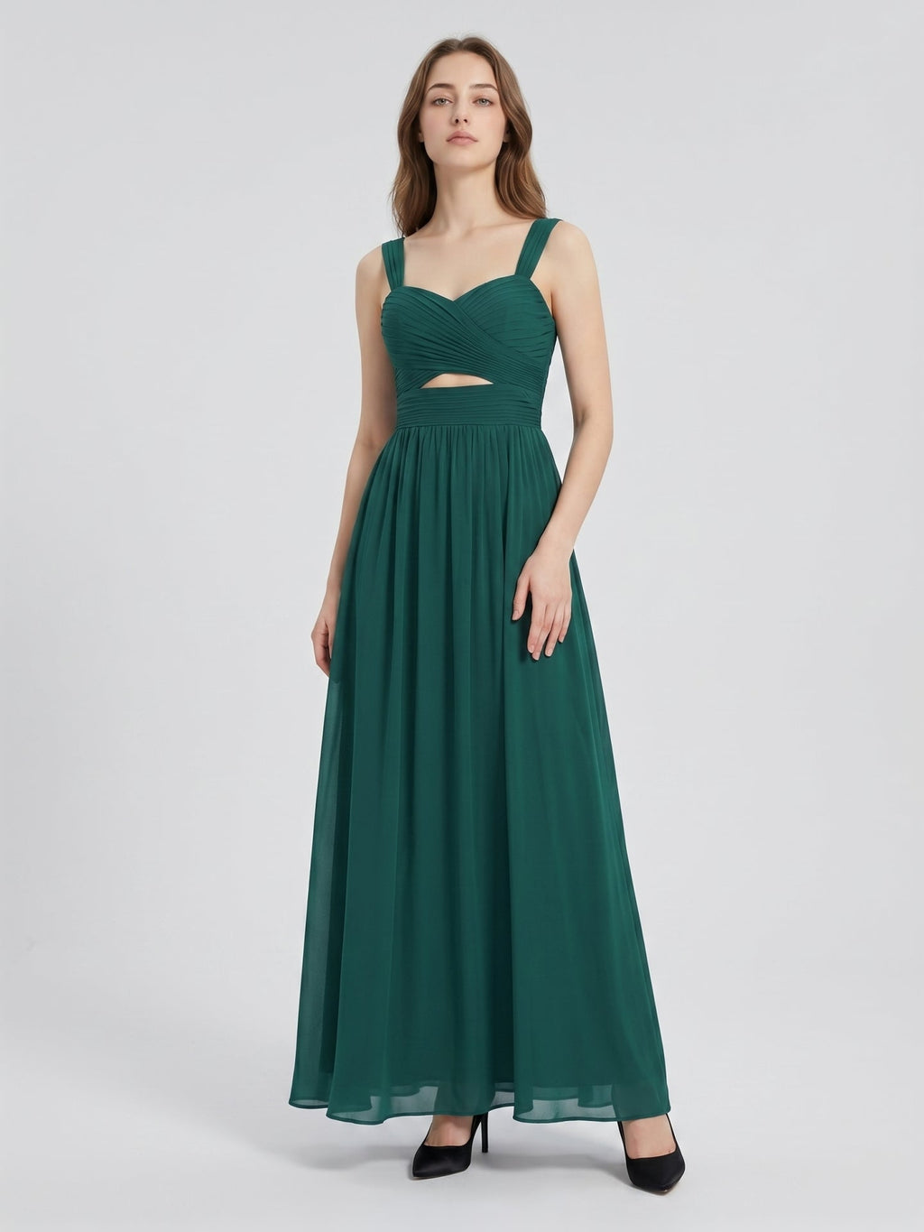 Peacock Chiffon A-Line Sweetheart Back Zip Floor-Length Pleated Bridesmaid Dress - Curvevia