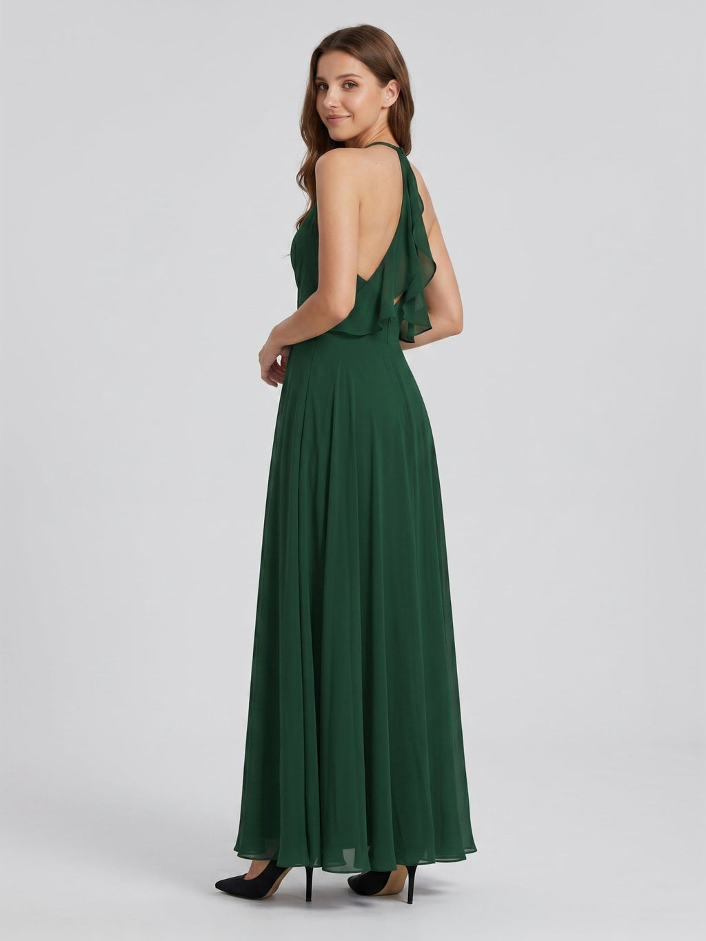 Forest Green Chiffon A-Line Halter Keyhole Back Floor-Length Ruffle Bridesmaid Dress - Curvevia