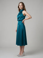 Teal Satin Sheath Scoop Neck Back Zip Tea-Length Bridesmaid Dress - Curvevia