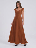 Terracotta Chiffon Sheath V-Neck Backless Floor-Length Ruffle Bridesmaid Dress - Curvevia