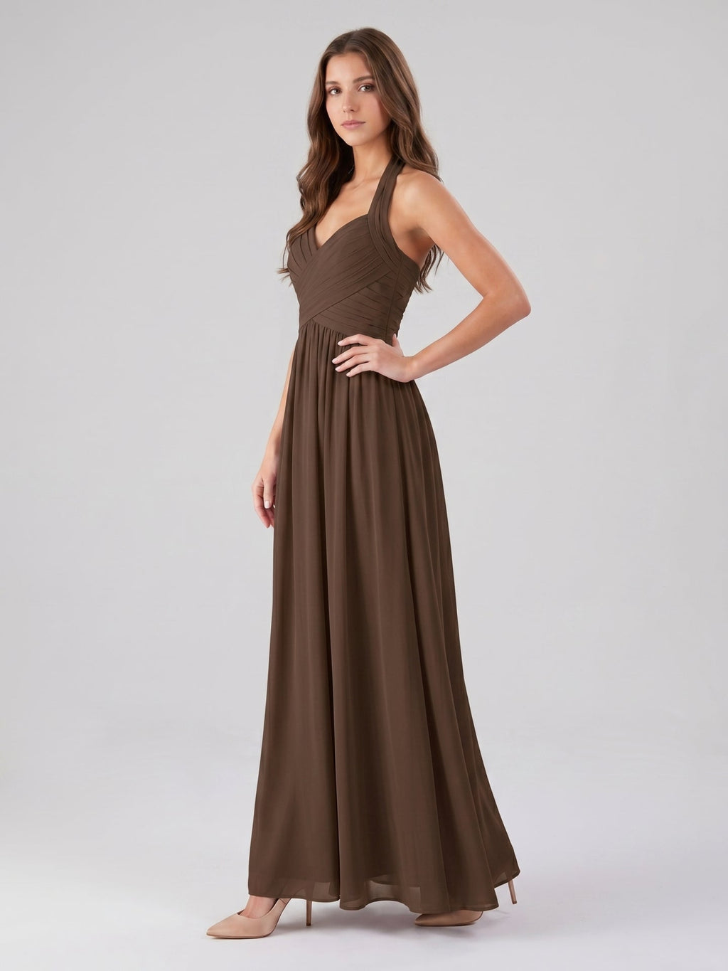 Mocha Chiffon A-Line Halter Backless Floor-Length Pleated Bridesmaid Dress - Curvevia