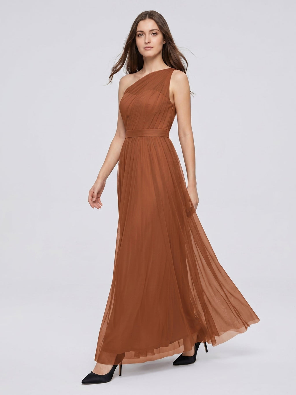 Terracotta Tulle A-Line One Shoulder Back Zip Floor-Length Bridesmaid Dress - Curvevia