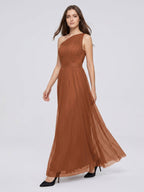 Terracotta Tulle A-Line One Shoulder Back Zip Floor-Length Bridesmaid Dress - Curvevia