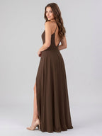 Mocha Chiffon A-Line V-Neck Backless Floor-Length Bridesmaid Dress - Curvevia