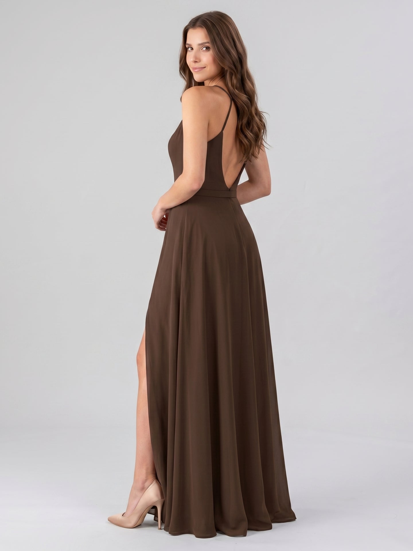 Mocha Chiffon A-Line V-Neck Backless Floor-Length Bridesmaid Dress - Curvevia