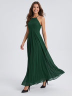 Forest Green Chiffon A-Line Halter Back Zip Floor-Length Ruffle Bridesmaid Dress - Curvevia