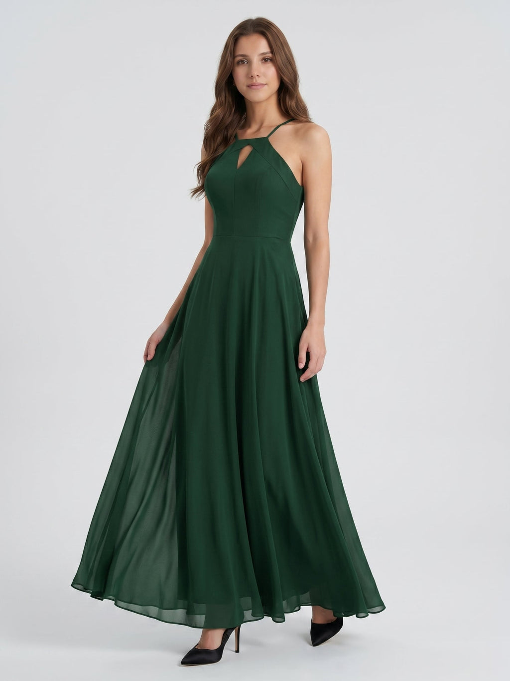 Forest Green Chiffon A-Line Halter Backless Floor-Length Bridesmaid Dress - Curvevia
