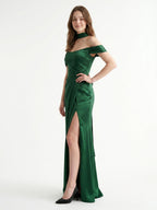 Emerald Satin Sheath Off-the-Shoulder Lace-Up Back Floor-Length Bridesmaid Dress with Bow - Curvevia