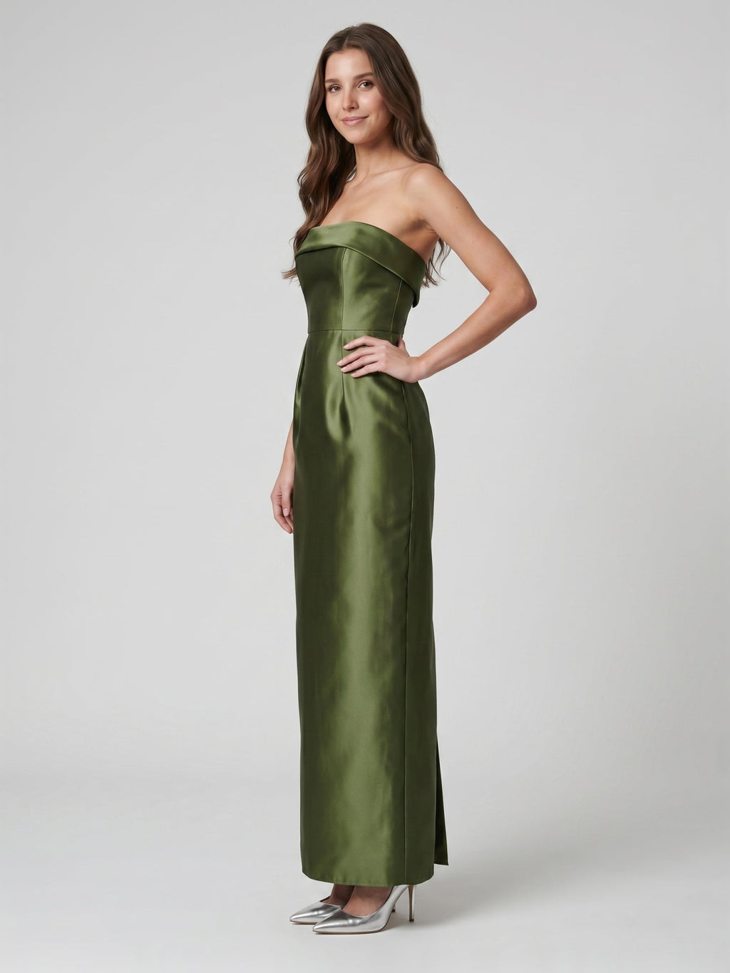 Olive Green Satin Sheath Off-the-Shoulder Backless Floor-Length Bridesmaid Dress - Curvevia