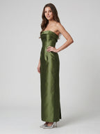 Olive Green Satin Sheath Off-the-Shoulder Backless Floor-Length Bridesmaid Dress - Curvevia