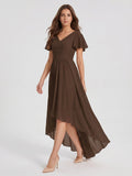 Mocha Chiffon A-Line V-Neck V-Back Asymmetrical Pleated Bridesmaid Dress - Curvevia