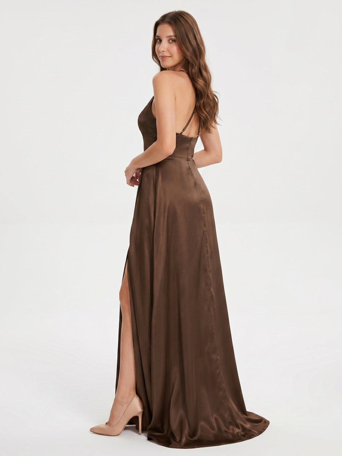 Mocha Satin A-Line Halter Criss-Cross Back Floor-Length Bridesmaid Dress - Curvevia
