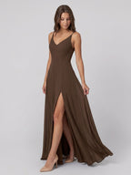 Mocha Chiffon A-Line V-Neck V-Back Floor-Length Bridesmaid Dress - Curvevia