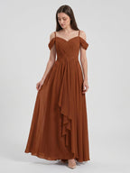 Terracotta Chiffon A-Line Off-the-Shoulder Backless Floor-Length Pleated Bridesmaid Dress - Curvevia