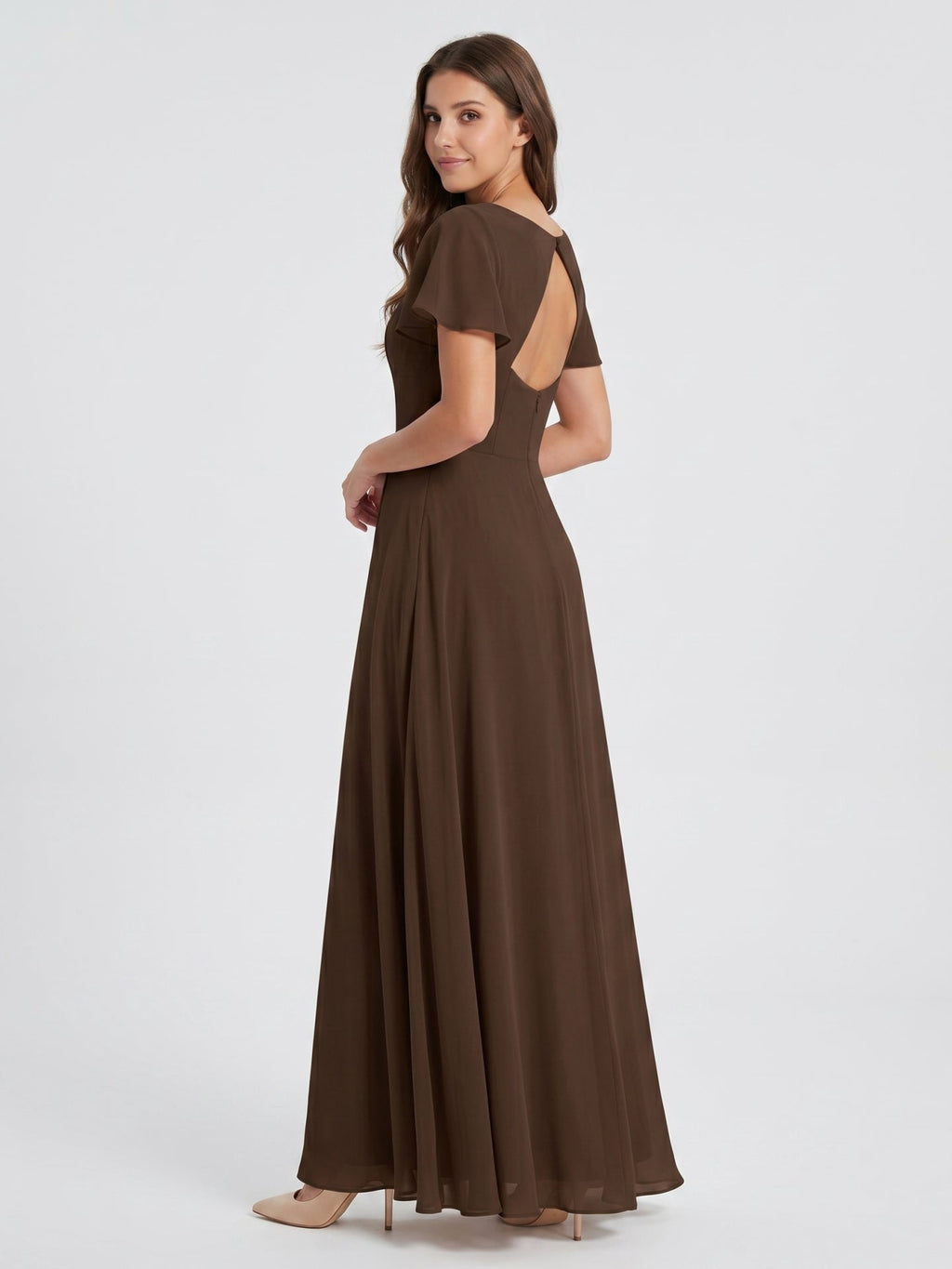 Mocha Chiffon A-Line V-Neck Keyhole Back Floor-Length Bridesmaid Dress - Curvevia
