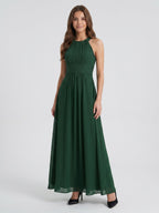 Forest Green Chiffon A-Line Halter Back Zip Floor-Length Pleated Bridesmaid Dress - Curvevia