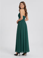 Peacock Chiffon A-Line Halter Criss-Cross Back Floor-Length Pleated Bridesmaid Dress - Curvevia
