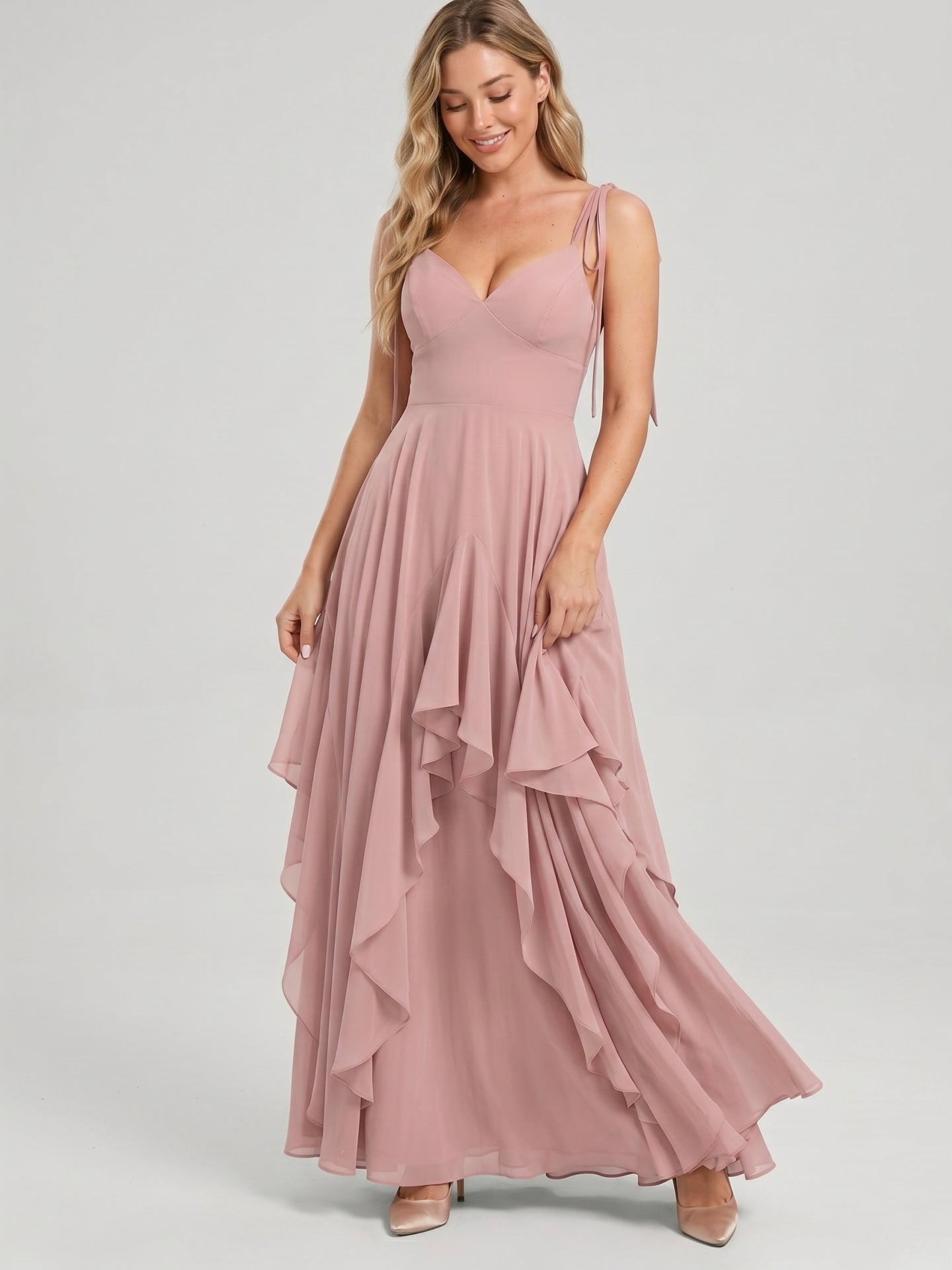 Sweet & Flowy Dusty Rose Chiffon A-Line V-Neck Back Zip with Ruffle Ankle-Length Bridesmaid Dress - Curvevia