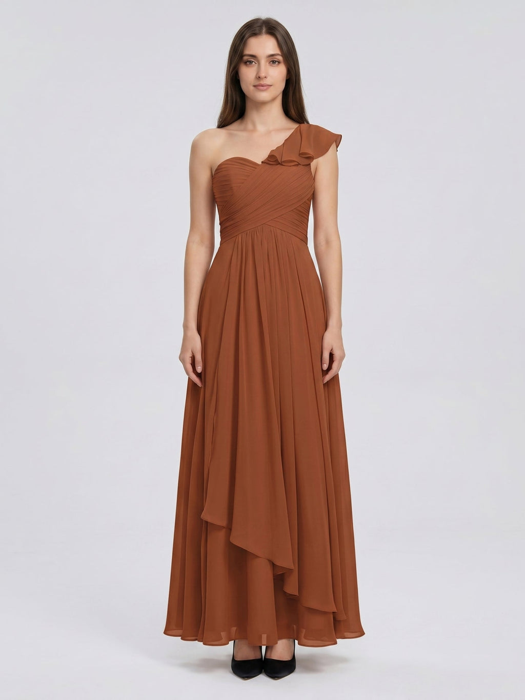 Terracotta Chiffon A-Line One Shoulder Backless Floor-Length Ruffle Bridesmaid Dress - Curvevia
