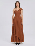 Terracotta Chiffon A-Line One Shoulder Backless Floor-Length Ruffle Bridesmaid Dress - Curvevia