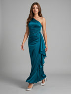 Teal Satin Sheath One Shoulder Side Zip Ankle-Length Ruffle Bridesmaid Dress - Curvevia