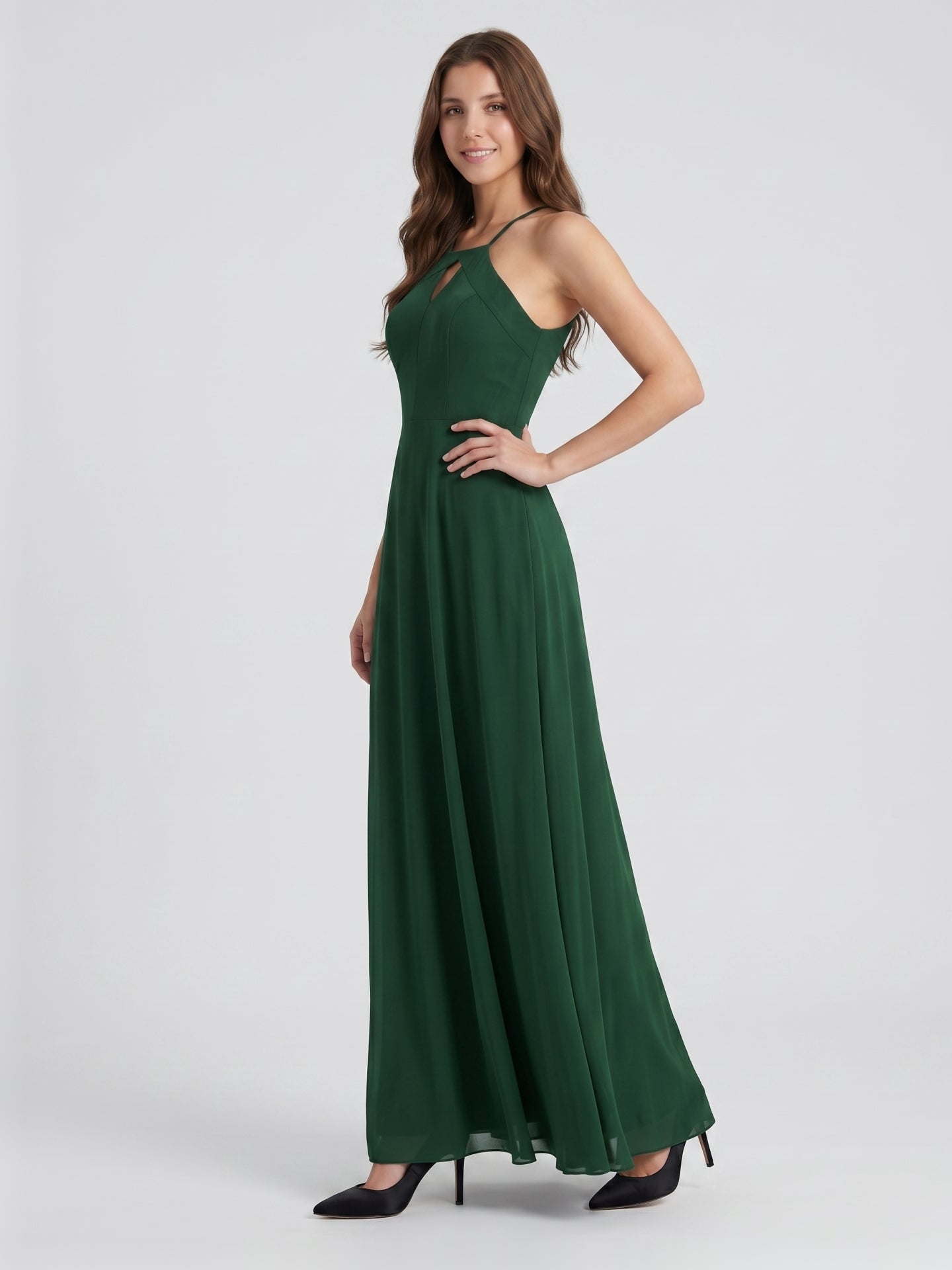 Forest Green Chiffon A-Line Halter Backless Floor-Length Bridesmaid Dress - Curvevia