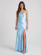 Ethereal Sky Blue Satin Sheath Straight Neck Backless Ankle-Length Bridesmaid Dress - Curvevia