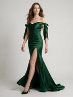 Emerald Satin Trumpet Off-the-Shoulder Backless Floor-Length Bridesmaid Dress with Bow - Curvevia