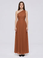 Terracotta Tulle A-Line One Shoulder Back Zip Floor-Length Bridesmaid Dress - Curvevia